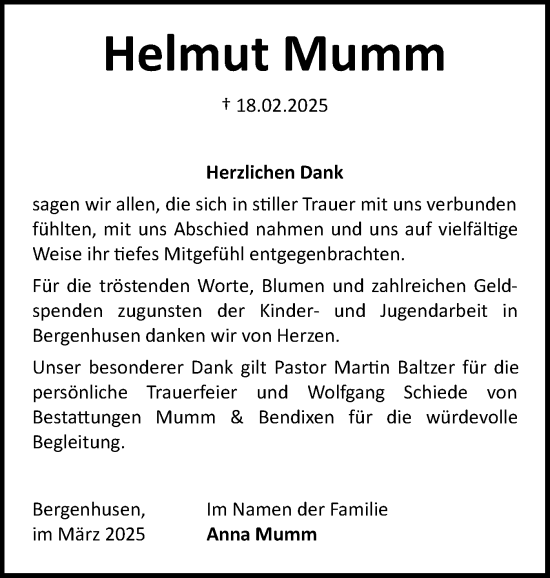 Traueranzeige von Helmut Mumm von Schleswig-Holsteinische Landeszeitung