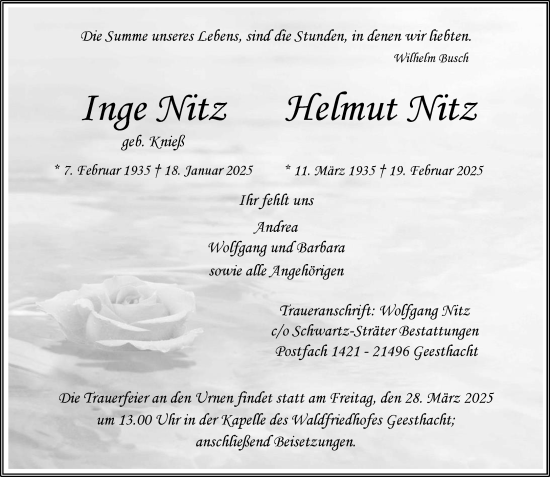 Traueranzeige von Helmut Nitz von Wochenend Anzeiger