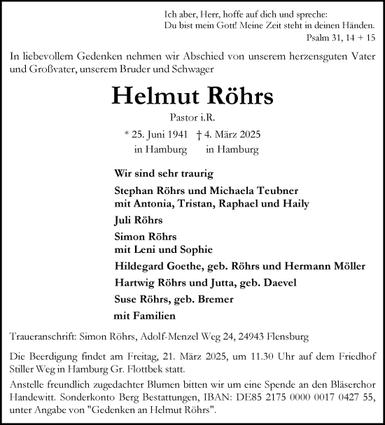 Traueranzeige von Helmut Röhrs von Flensburger Tageblatt