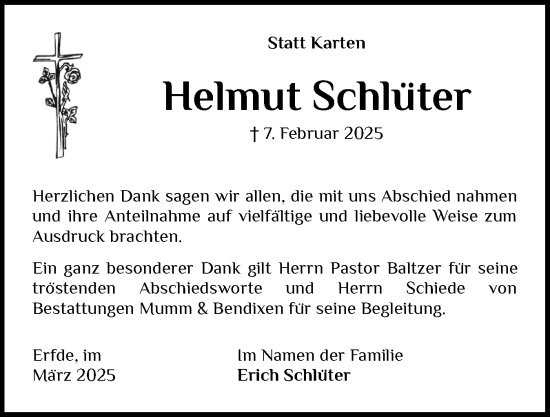 Traueranzeige von Helmut Schlüter von Schleswig-Holsteinische Landeszeitung