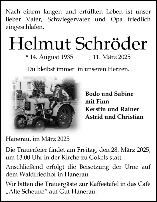 Traueranzeige von Helmut Schröder von Schleswig-Holsteinische Landeszeitung