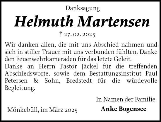 Traueranzeige von Helmuth Martensen von Husumer Nachrichten, Nordfriesland Tageblatt