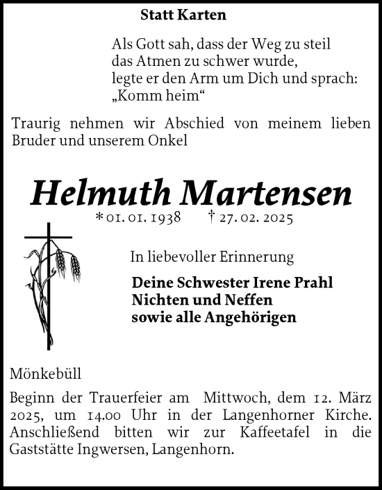 Traueranzeige von Helmuth Martensen von Husumer Nachrichten, Nordfriesland Tageblatt