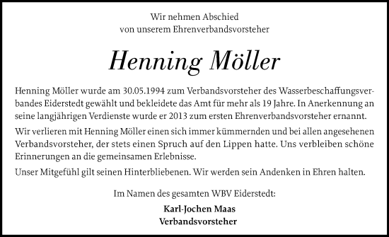 Traueranzeige von Henning Möller von Husumer Nachrichten, Nordfriesland Tageblatt