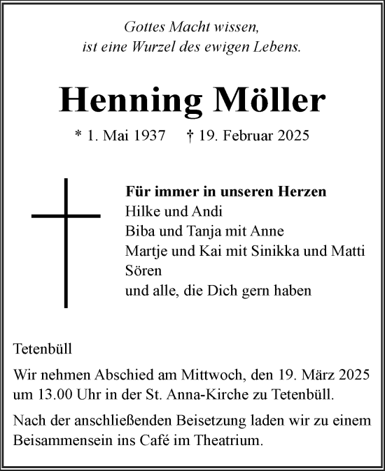 Traueranzeige von Henning Möller von Husumer Nachrichten, Nordfriesland Tageblatt