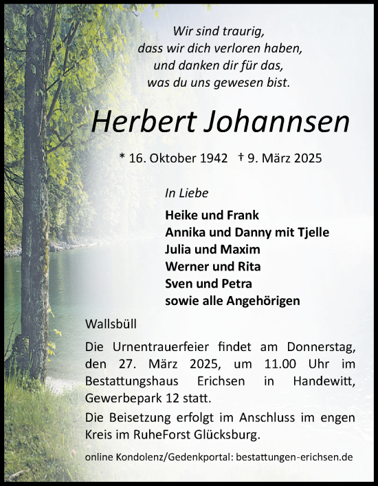 Traueranzeige von Herbert Johannsen von Flensburger Tageblatt