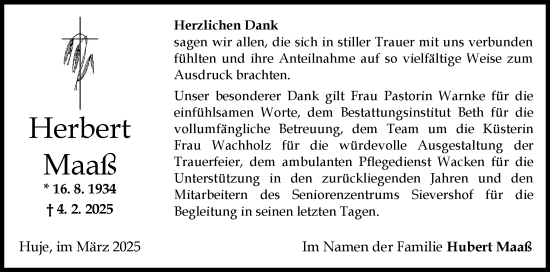 Traueranzeige von Herbert Maaß von Norddeutsche Rundschau, Wilstersche Zeitung, Glückstädter Fortuna