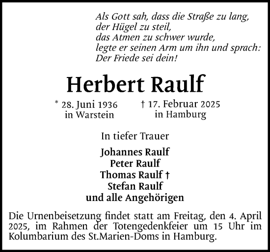 Traueranzeige von Herbert Raulf von Region Pinneberg und tip Pinneberg