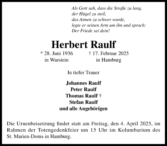 Traueranzeige von Herbert Raulf von Umschau
