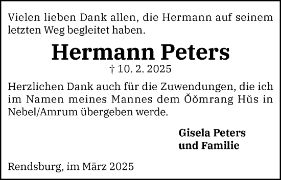 Traueranzeige von Hermann Peters von Schleswig-Holsteinische Landeszeitung