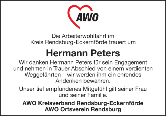 Traueranzeige von Hermann Peters von Schleswig-Holsteinische Landeszeitung
