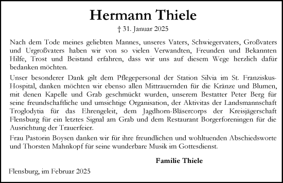 Traueranzeige von Hermann Thiele von Flensburger Tageblatt