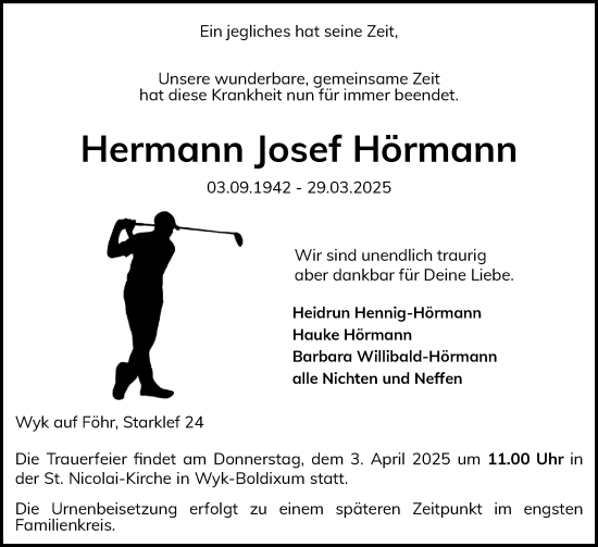 Traueranzeige von Hermann Josef Hörmann von Der Insel-Bote