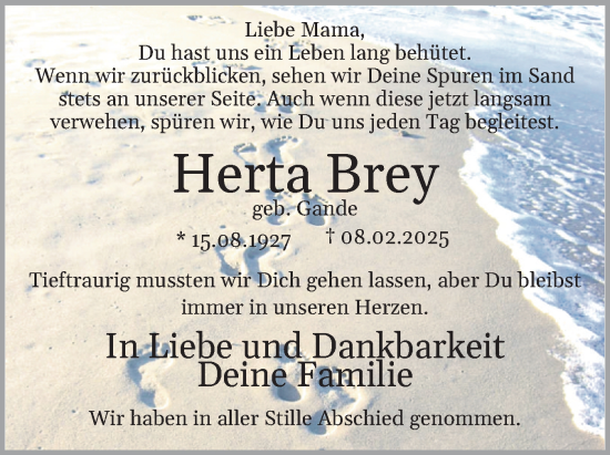 Traueranzeige von Herta Brey von Schleswiger Nachrichten, Schlei-Bote