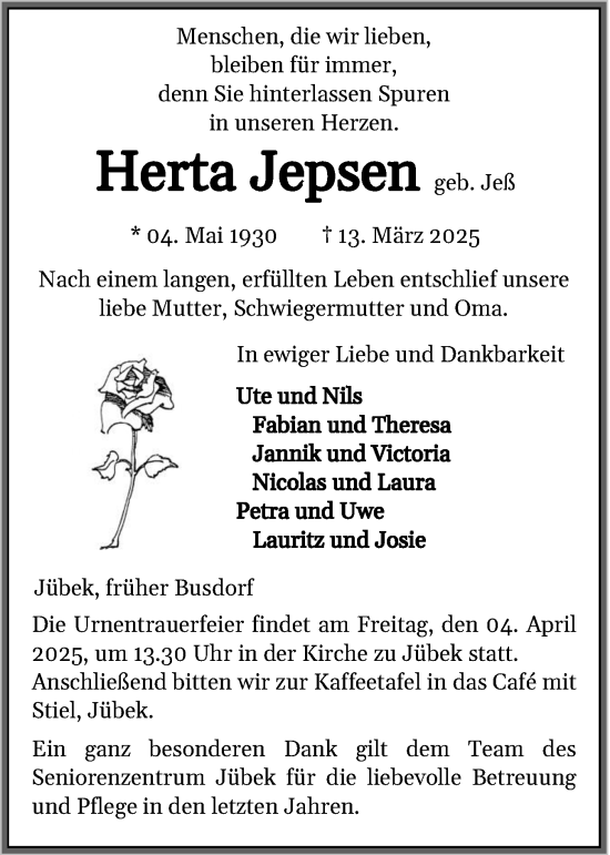 Traueranzeige von Herta Jepsen von Schleswiger Nachrichten, Schlei-Bote