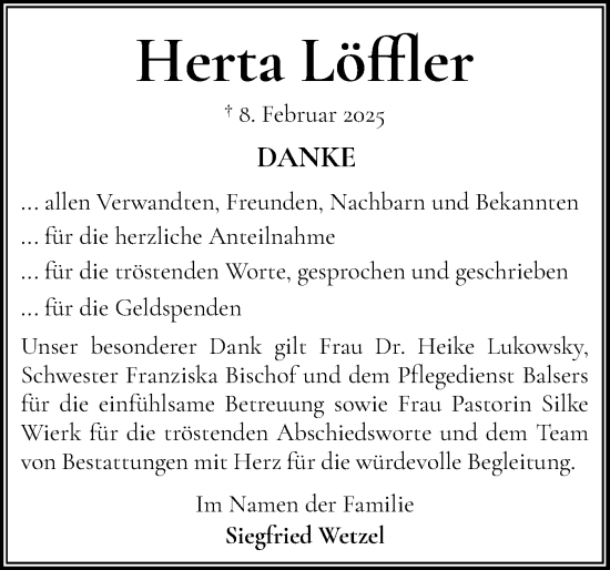 Traueranzeige von Herta Löffler von Flensburger Tageblatt