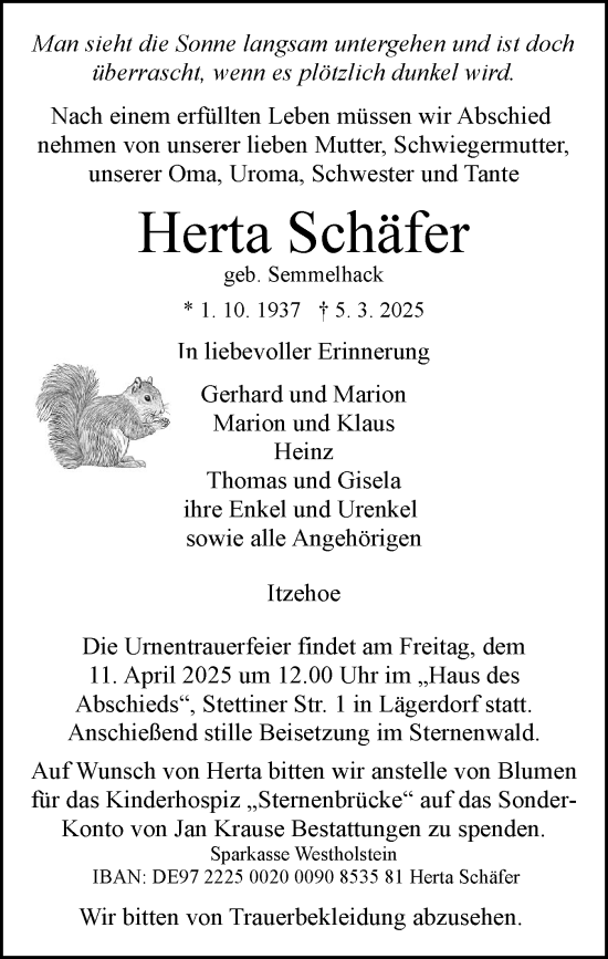 Traueranzeige von Herta Schäfer von Norddeutsche Rundschau, Wilstersche Zeitung, Glückstädter Fortuna