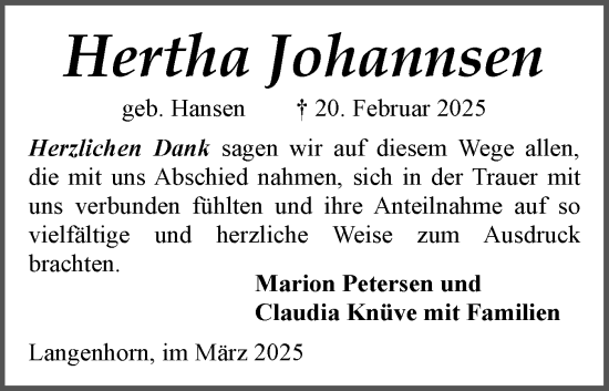 Traueranzeige von Hertha Johannsen von Husumer Nachrichten, Nordfriesland Tageblatt