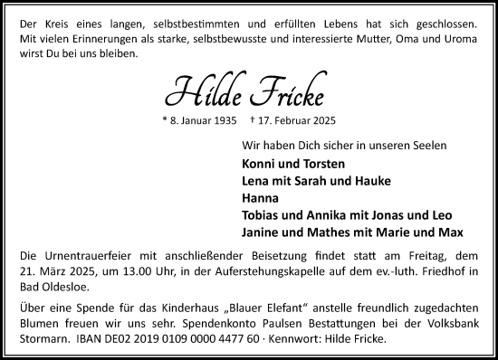 Traueranzeige von Hilde Fricke von MARKT Bad Oldesloe/Reinfeld und Stormarner Tageblatt
