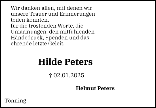 Traueranzeige von Hilde Peters von Husumer Nachrichten, Nordfriesland Tageblatt