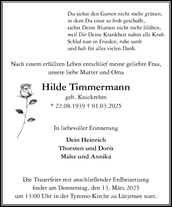 Traueranzeige von Hilde Timmermann von MARKT Ahrensburg/Bargteheide/Trittau und Stormarner Tageblatt