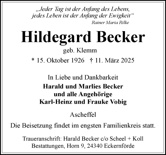 Traueranzeige von Hildegard Becker von Eckernförder Zeitung, Hallo Eckernförde