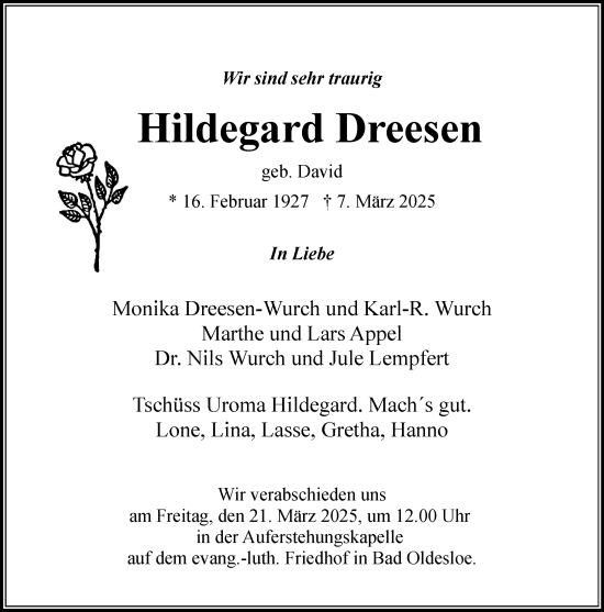 Traueranzeige von Hildegard Dreesen von MARKT Bad Oldesloe/Reinfeld und Stormarner Tageblatt