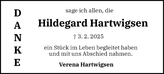 Traueranzeige von Hildegard Hartwigsen von Schleswiger Nachrichten, Schlei-Bote