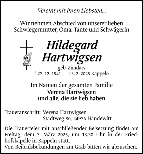 Traueranzeige von Hildegard Hartwigsen von Schleswiger Nachrichten, Schlei-Bote