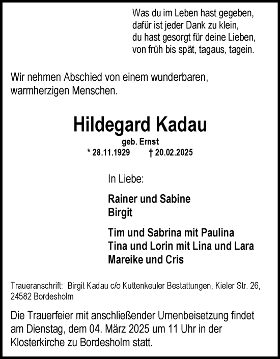 Traueranzeige von Hildegard Kadau von Schleswig-Holsteinische Landeszeitung