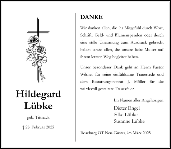 Traueranzeige von Hildegard Lübke von Wochenend Anzeiger