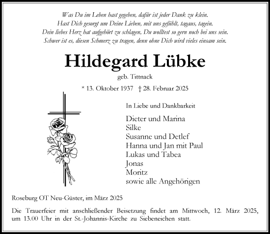 Traueranzeige von Hildegard Lübke von Wochenend Anzeiger