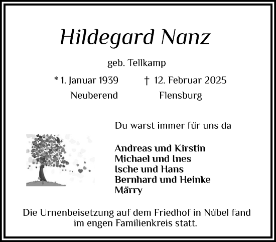 Traueranzeige von Hildegard Nanz von Schleswiger Nachrichten, Schlei-Bote