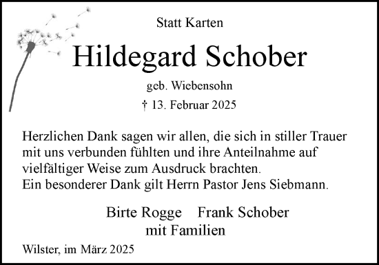 Traueranzeige von Hildegard Schober von Norddeutsche Rundschau, Wilstersche Zeitung, Glückstädter Fortuna