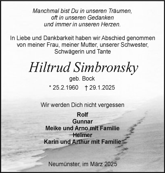 Traueranzeige von Hiltrud Simbronsky von Holsteinischer Courier