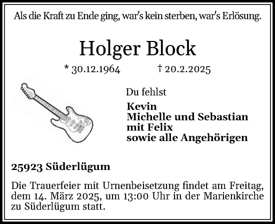 Traueranzeige von Holger Block von Region Westküste