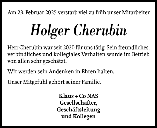 Traueranzeige von Holger Cherubin von Flensburger Tageblatt