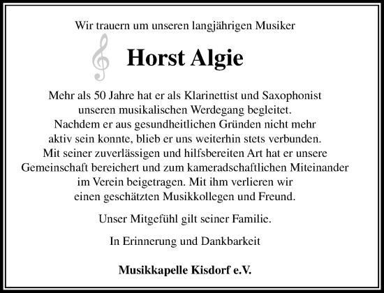 Traueranzeige von Horst Algie von Umschau