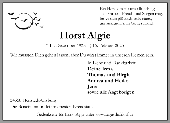 Traueranzeige von Horst Algie von Umschau