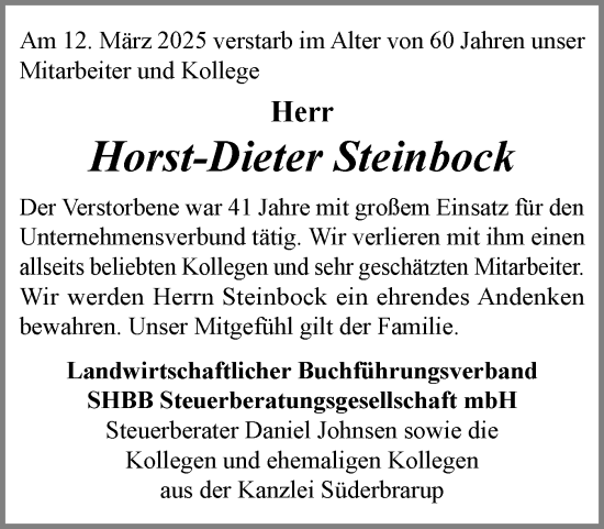 Traueranzeige von Horst-Dieter Steinbock von Flensburger Tageblatt, Schleswiger Nachrichten, Schlei-Bote