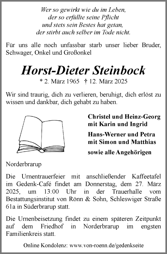 Traueranzeige von Horst-Dieter Steinbock von Schleswiger Nachrichten, Schlei-Bote