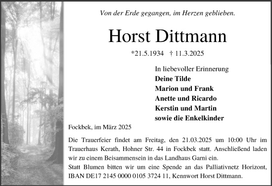 Traueranzeige von Horst Dittmann von Schleswig-Holsteinische Landeszeitung