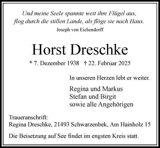 Traueranzeige von Horst Dreschke von Wochenend Anzeiger