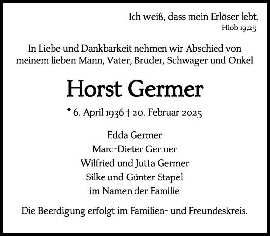 Traueranzeige von Horst Germer von MARKT Ahrensburg/Bargteheide/Trittau und Stormarner Tageblatt