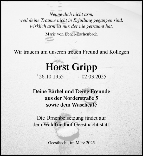 Traueranzeige von Horst Gripp von Wochenend Anzeiger