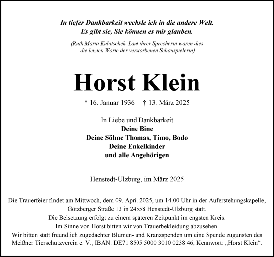 Traueranzeige von Horst Klein von Umschau