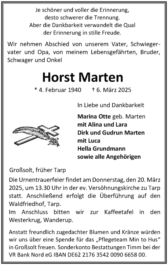 Traueranzeige von Horst Marten von Flensburger Tageblatt