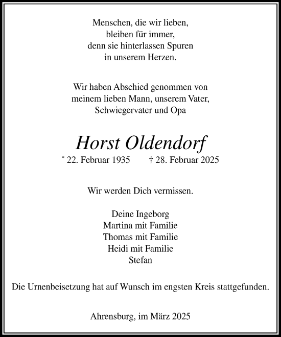 Traueranzeige von Horst Oldendorf von MARKT Ahrensburg/Bargteheide/Trittau und Stormarner Tageblatt