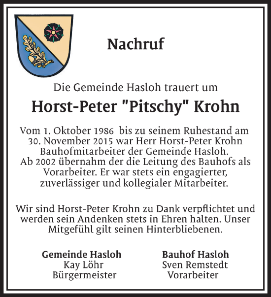 Traueranzeige von Horst-Peter Krohn von Region Pinneberg und tip Pinneberg