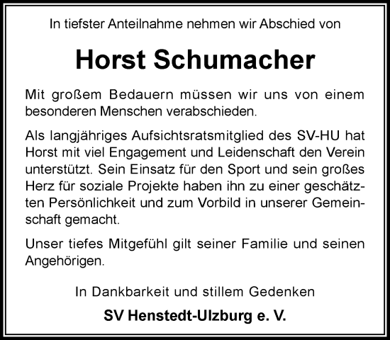 Traueranzeige von Horst Schumacher von Umschau